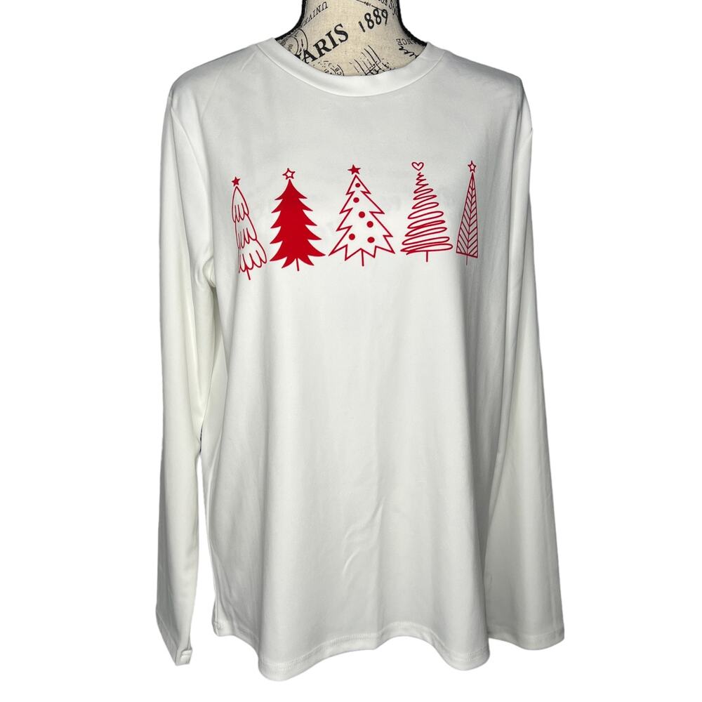 LARGE White Red Print Holiday Christmas Tree Long Sleeve Pullover Tee T-shirt